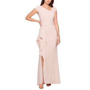 Betsy & Adam Ruffled Thigh Slit Long Evening Gown Blush Pink Size 6 Formal Dress